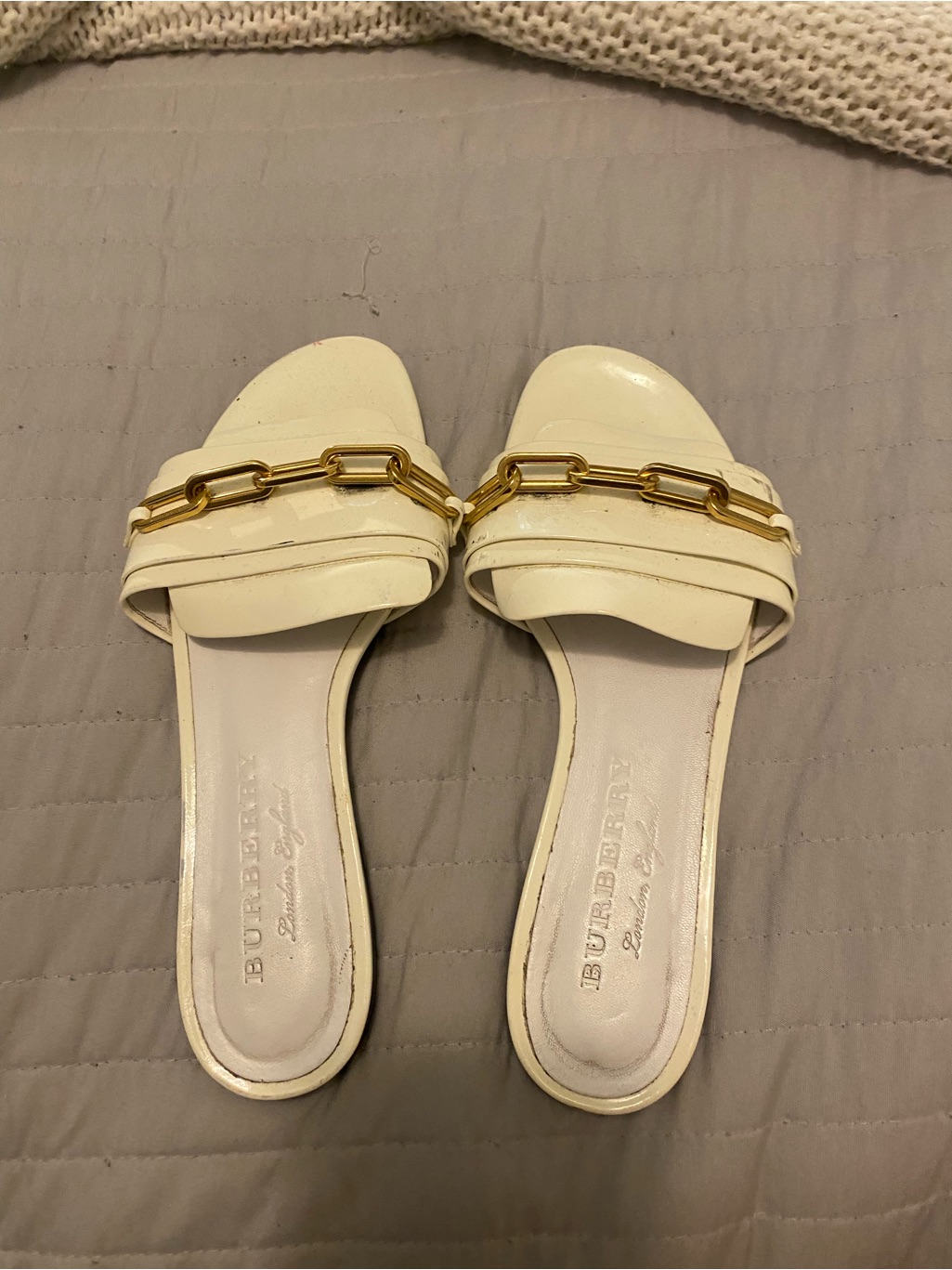 Burberry Cream Slide Sandals With Gold Chain Trim